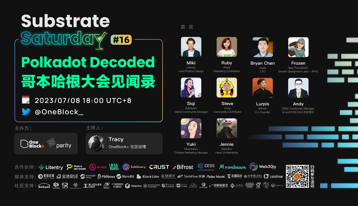OneBlock_'s tweet photo. 🎈Join the 16th #SubstrateSaturday for a review and outlook of #PolkadoDecoded 2023 in Copenhagen with @CESSchinese @CrustNetwork @SubQueryNetwork @BifrostFinance @VaraNetwork_CN @AcalaNetwork @MoonbeamNetwork @litentry @Web3Go @PhalaNetwork.

💬 The Recap of Polkadot Decoded in Copenhagen 🇩🇰

⏰July 8th, 18:00(UTC+8)
📍Twitter Space: https://t.co/jLYBqjEU6t

🔗 https://t.co/GjqLNY4Beb