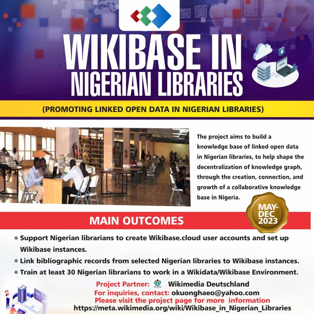 Excited to share that we will be piloting Wikibase in selected Nigerian Libraries with technical support from the <a href="/WikimediaDE/">WikimediaDeutschland</a> .