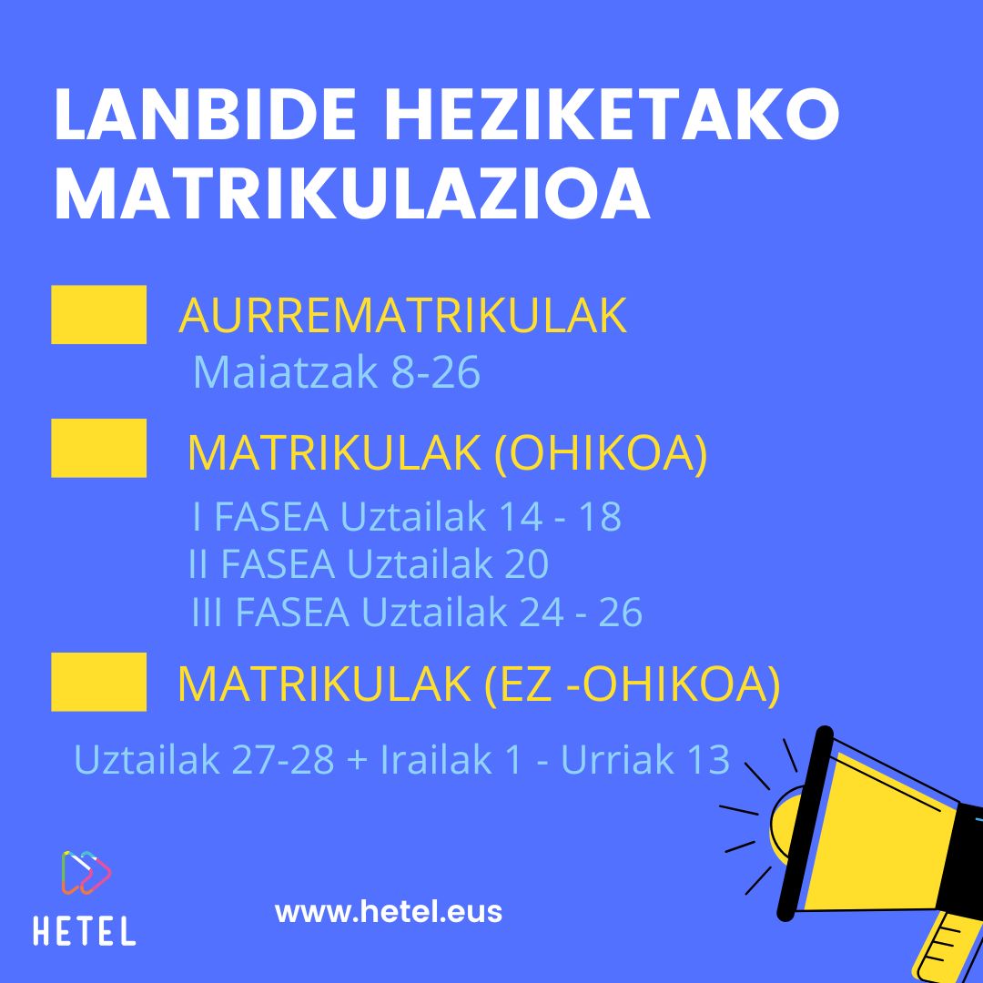 HETELFP's tweet photo. ADIII!! ostiralean onartuen behin behineko zerrendak publikatuko dira eta 13an behin betikoak. Matrikulazio prozesua bideo honetan azaltzen dizugu. Abantean! https://t.co/Ql97Xu2wwf #matrikulazioa #lanbidehezikeata #goimaila #erdimaila #oinarrizkomaila #abantean https://t.co/s5wtOskT1r