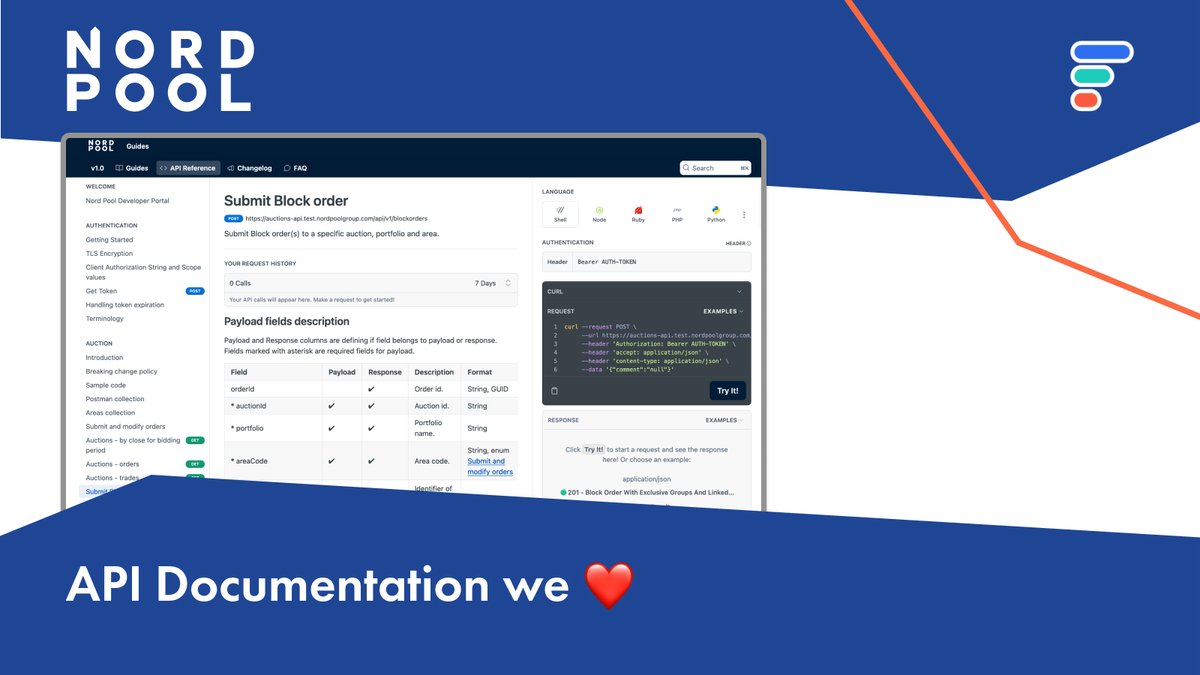 #API #Documentation we ❤️  

Nord Pool's epic Developer Portal!

❤️ Bespoke, dedicated documentation portal.
❤️ Clear, easy-to-navigate documentation &amp; user guides.
❤️ Clear tagging &amp; labeling.
❤️ Multi-language code examples.
❤️ Integrated testing playground.