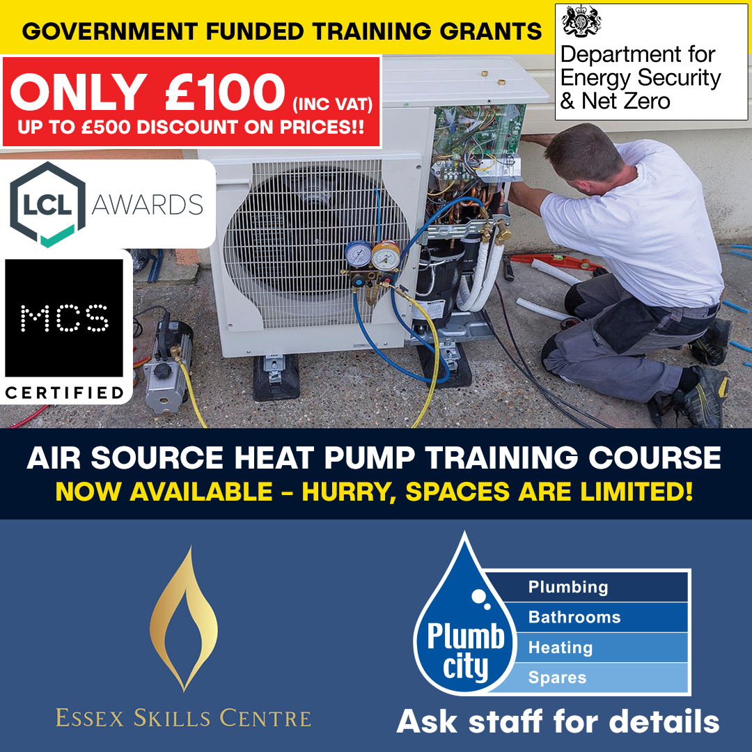 Plumbcity's tweet photo. Big news if you want to start installing AIR SOURCE HEAT PUMPS - Essex Skills Centre is now able to offer training to Plumbcity customers at a discounted rate of only £100 (inc VAT). Hurry, spaces are limited - ask your local Plumbcity for more details. #Training #HeatPumps https://t.co/mIUrb3EJX8