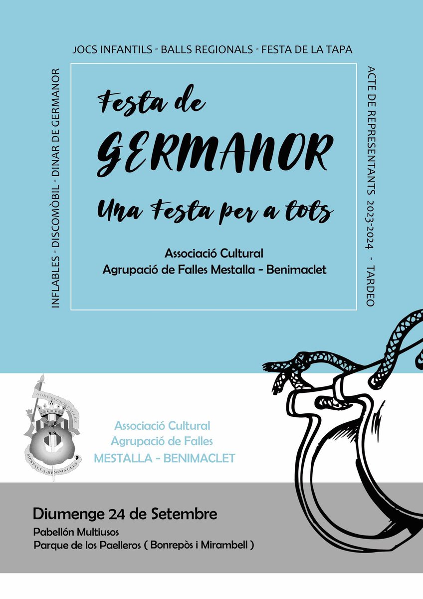 🎉 Prepara't per a l'inoblidable Festa de Germanor de l'Agrupació de Falles Mestalla Benimaclet! 🥳

📅 Marca al teu calendari, el diumenge 24 de Setembre, el dia en què ens reunirem en el parc dels paellers de Bonrepos i Mirambell.

#AgrupacióFallesMestallaBenimaclet