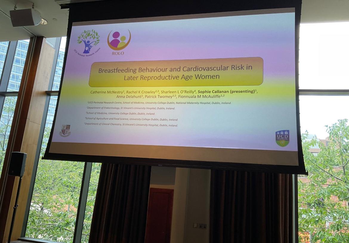 UCDPerinatal's tweet photo. PhD Student Sophie Callanan @sophie_callanan   presents research on breastfeeding behaviors and cardiovascular risk in later reproductive age women on behalf of Dr Cathy McNestry @cathymcnestry at the Nutrition Society Summer Conference 2023 https://t.co/pV7P78syHa