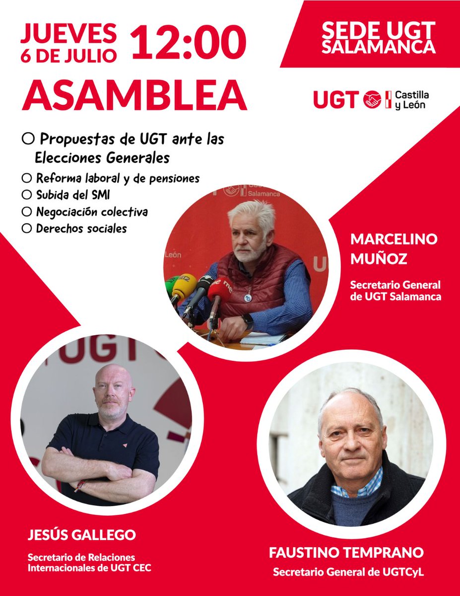UGTCyL's tweet photo. 📢 Mañana visitamos UGT Salamanca en una nueva asamblea junto con @FTempranoUGT , @UGT_INT  y @marcesala_mmg  para hablar de:

🗳️ Propuestas para las elecciones del 23J 
👴🏼 Reforma de pensiones
📈 Subida del SMI 
🤝🏼 Negociación colectiva

#23J #elecciones #SMI #Salamanca https://t.co/nhYWqsOp50