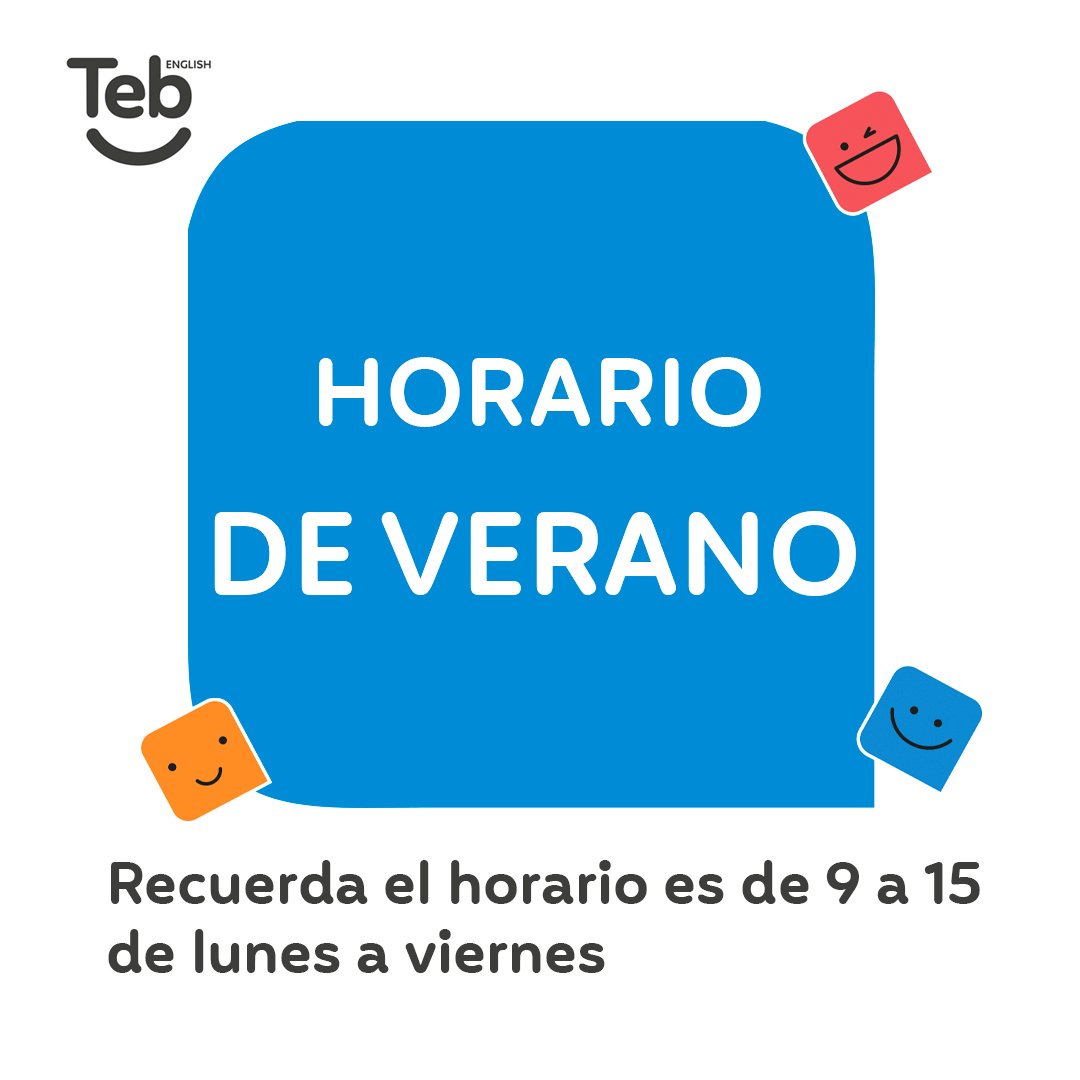 tebenglish_'s tweet photo. En Teb English estamos de jornada intensiva de verano, de 9 a 15. Si necesitas ponerte en contacto con nosotros fuera del horario, puedes escribirnos un 📩 email a triana@tebenglish.com o espartinas@tebenglish.com.

#triana #espartinas #horariodeverano🌞 https://t.co/BzsucnCL7t