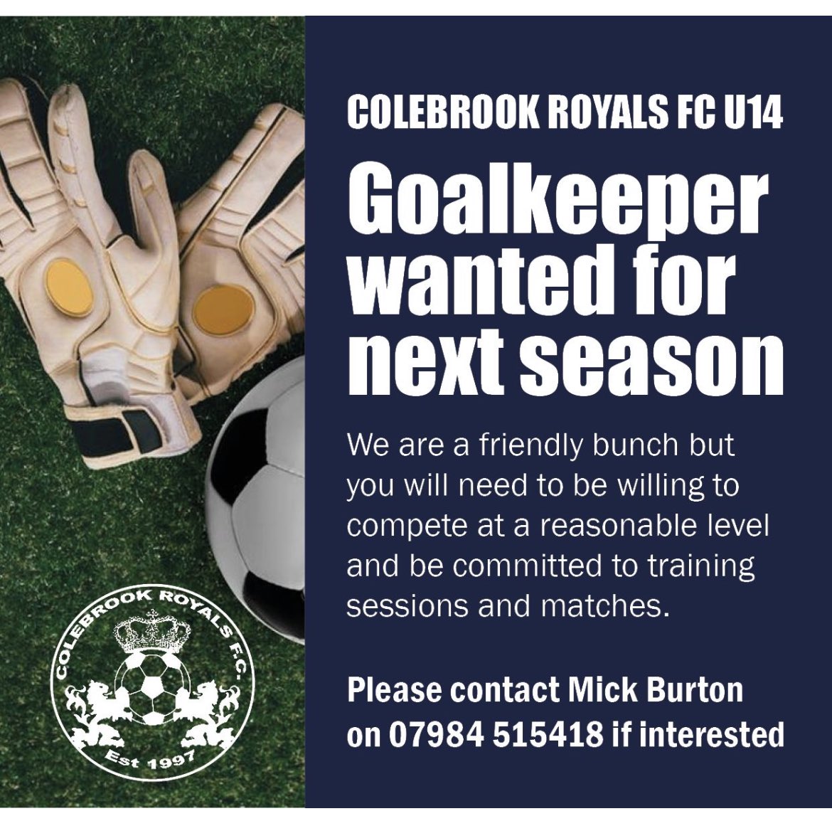 Under 14’s GK🧤 opportunity, Interested in a new challenge, here’s your chance. ⁦@EssexCountyFA⁩ #squadbooster