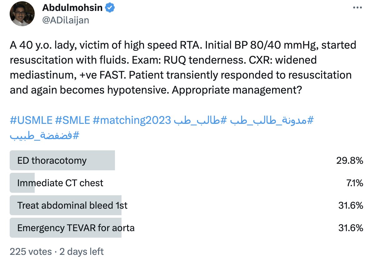 ADilaijan's tweet photo. Approach to the below question will be fully explained in Trauma lecture, by @MJALAKKAD

Very excited to meet you all
@aaalojan @HThubiany @MJALAKKAD @KDilaijan @k_somali @dr_aalothman @ADilaijan

⁦#USMLE⁩ ⁦#SMLE⁩ ⁦#matching2023⁩ ⁧#طالب_طب⁩ ⁧#مدونة_طالب_طب⁩ ⁧#فضفضة_طبيب⁩