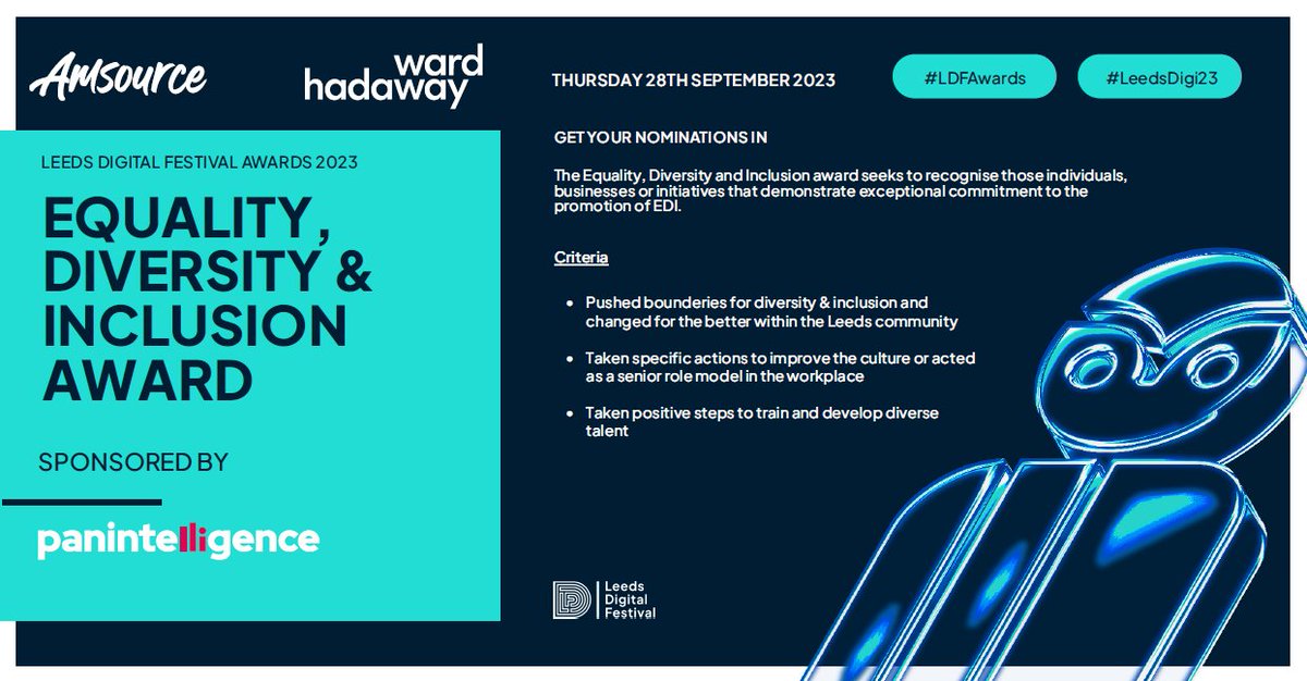 We're super excited to have @Panintelligence sponsoring the D&amp;I award for the third year running at this years Leeds Digital Festival Awards!

📍 Get your nominations in: leedsdigitalfestivalawards.org/nominate 

#LDFAwards #LeedsDigi23 <a href="/WardHadaway/">Ward Hadaway</a>