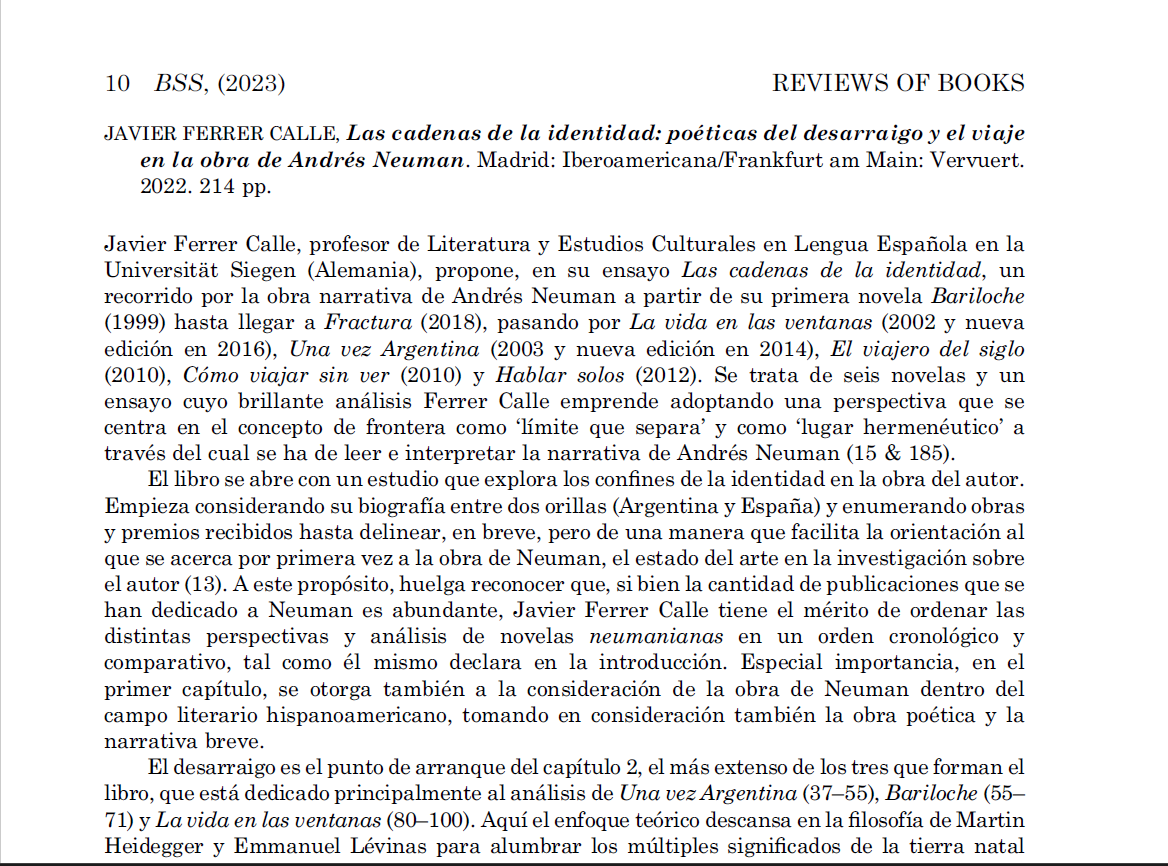 javierferca's tweet photo. Muchas gracias a @KatiusciaDarici por esta tan generosa reseña de mi libro "Las cadenas de la identidad. Poéticas del desarraigo y el viaje en la obra de Andrés Neuaman" en Bulletin of Spanish Studies  @IberoVervuert https://t.co/CLxZ9fewQE https://t.co/o2lIwlH3L8