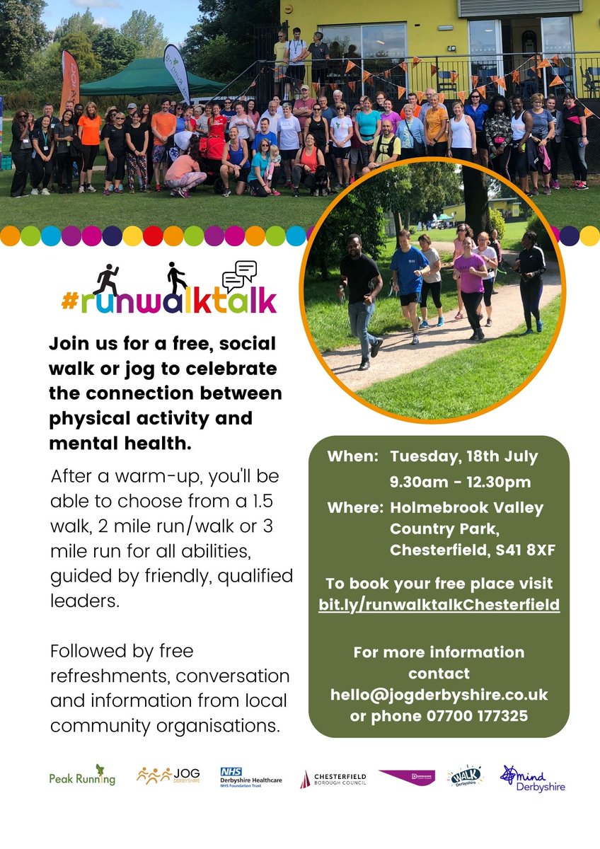 Join us for a free #runwalktalk at #HolmebrookValleyPark in #chesterfield #derbyshire on 18th July. Friendly, supportive atmosphere with free refreshments and open conversation around mental health and the benefits of being active outdoors with others jogderbyshire.co.uk/event-details-…