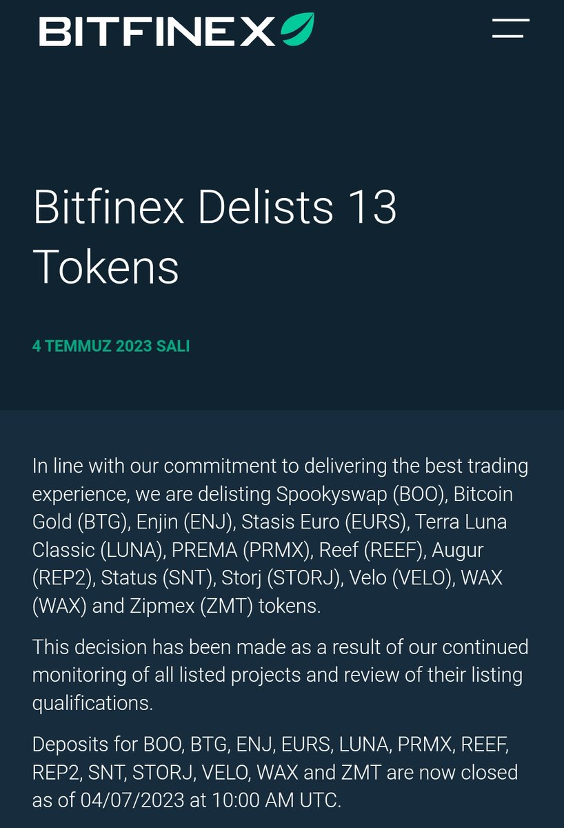 kazanc_rehberi's tweet photo. 🌠Bitfinex, 11 Temmuz itibarıyla 13 kriptoparayı delist edeceğini duyurdu:
Spookyswap (#BOO), Bitcoin Gold (#BTG), Enjin (#ENJ), Stasis Euro (#EURS), #LUNA, PREMA (#PRMX), #REEF, Augur (#REP2), Status (#SNT), #STORJ, #VELO, #WAX, Zipmex (#ZMT)
Detaylar: https://t.co/Px544CWaC6 https://t.co/23O3REY7QA