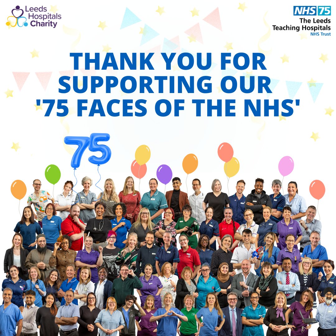 LDShospcharity's tweet photo. Today the NHS is celebrating its 75th birthday!
We hope you have enjoyed meeting some of the wonderful staff over the last 75 days.
Thank you for supporting our '75 Faces of the NHS' campaign in partnership with @LeedsHospitals.
#NHS75 #75Faces https://t.co/fSasjQOl2B