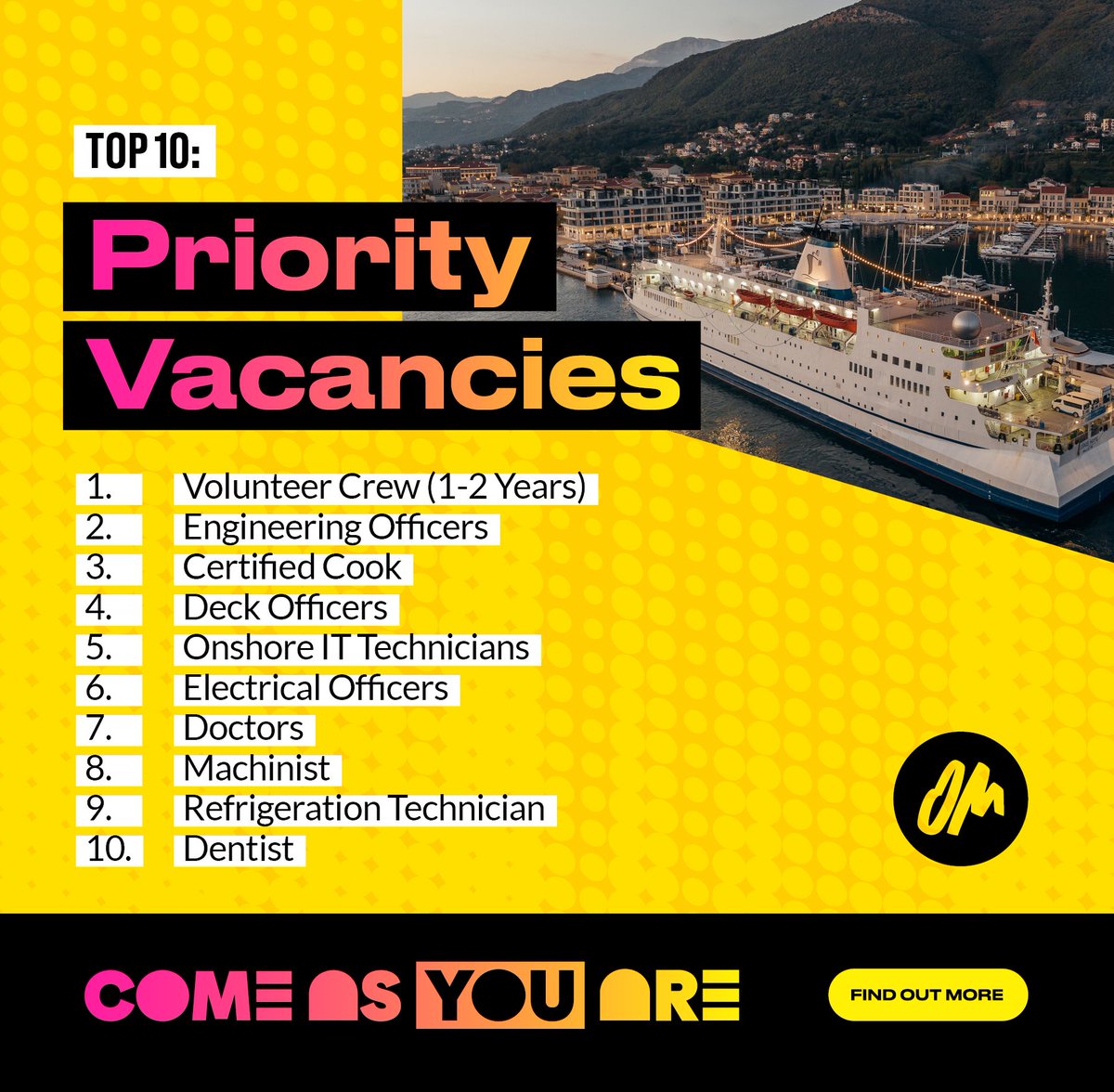 Can you help us find the next person to fill one of these roles?
Why not send one person a message right now and help them start out on a journey of a lifetime?!
Visit om.org/ships/professi… for more. #ComeAsYouAre