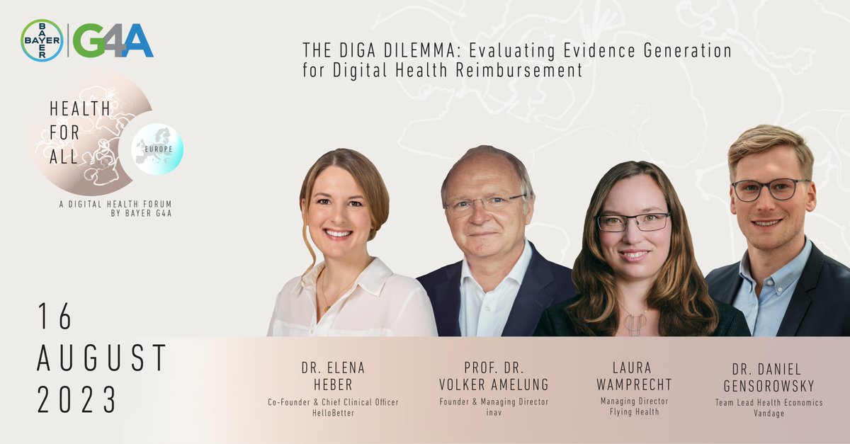 We are presenting the 2023 G4A #DigitalHealthForum – Around the World Edition 🌍 🌎 🌏  
Join us for the 1st session from 🇪🇺 The #DiGA Dilemma: Evaluating Evidence Generation for #DigitalHealth Reimbursement on August 16, 5-6pm CEST / 11am-12pm EDT 👉 linkedin.com/events/g4adigi…