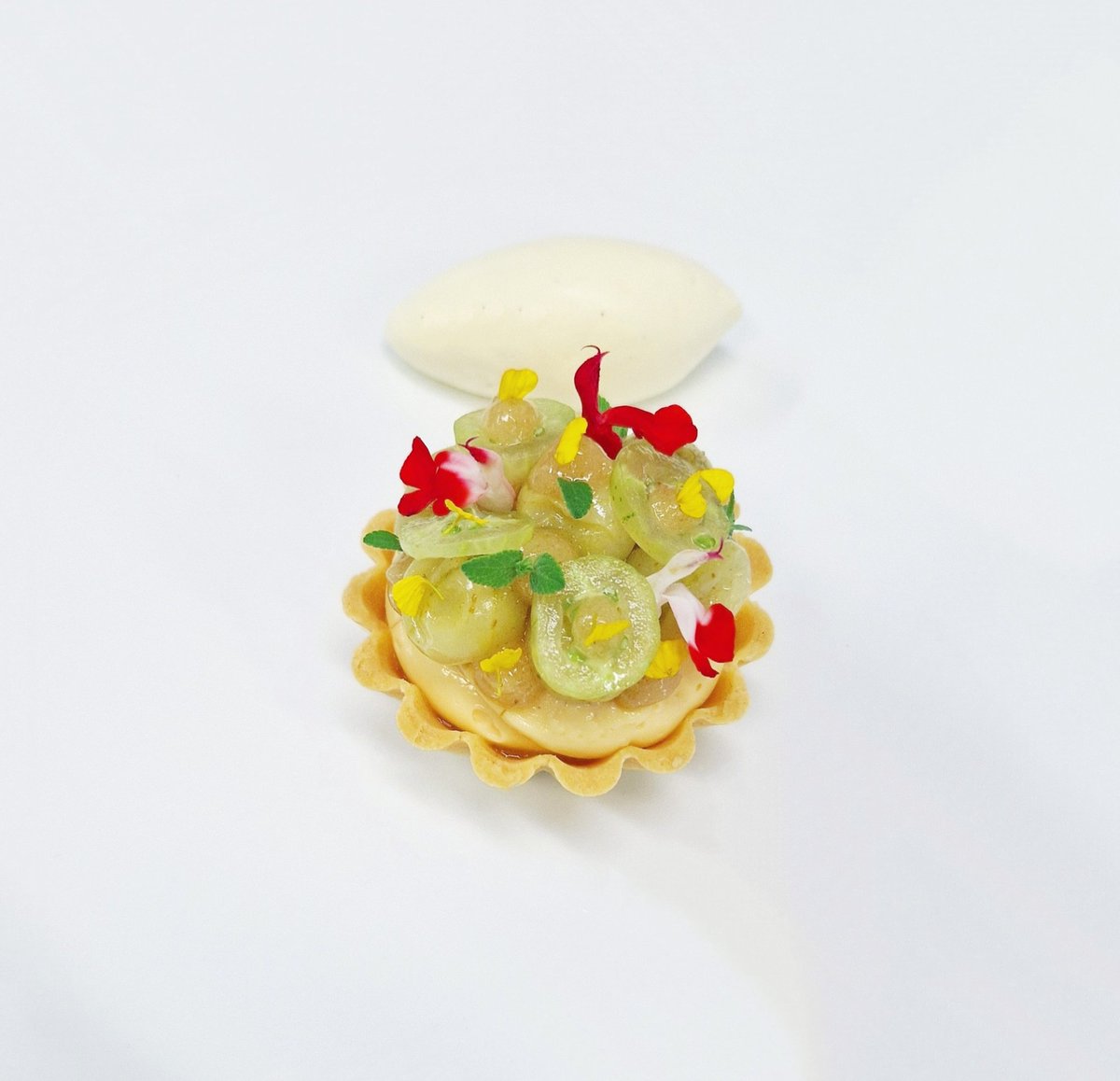 Gooseberry / clotted cream / vanilla 

Tartlet of poached &amp; raw gooseberries, vanilla clotted cream custard, gooseberry jam. Finished with blackcurrant sage &amp; anise blossom
•
#passionate #chef #chefslife #patisserie #cookery #custardtart #flavours #textures #foodie #dessert