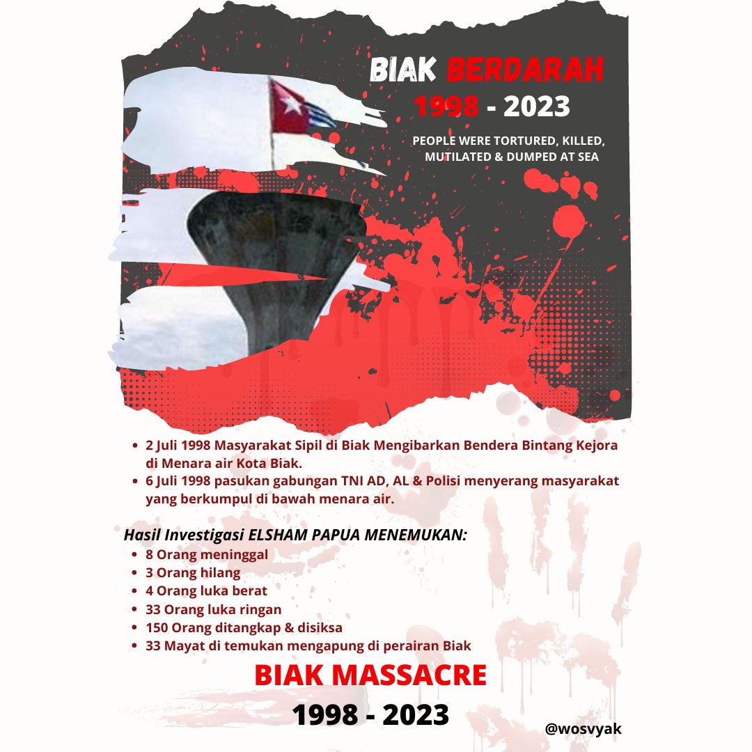 Bernardroem's tweet photo. Menolak Lupa!!! Biak Berdarah!
#humanrights #Hamberat #WestPapua #Melanesian
 @OHCHRAsia @nypost @cnni @AJEnglish @ABC @guardian @UNDP_Pacific @UN @UNHumanRightsEU @OHCHR_Pacific @EUPasifika https://t.co/iSvEeP4SU8