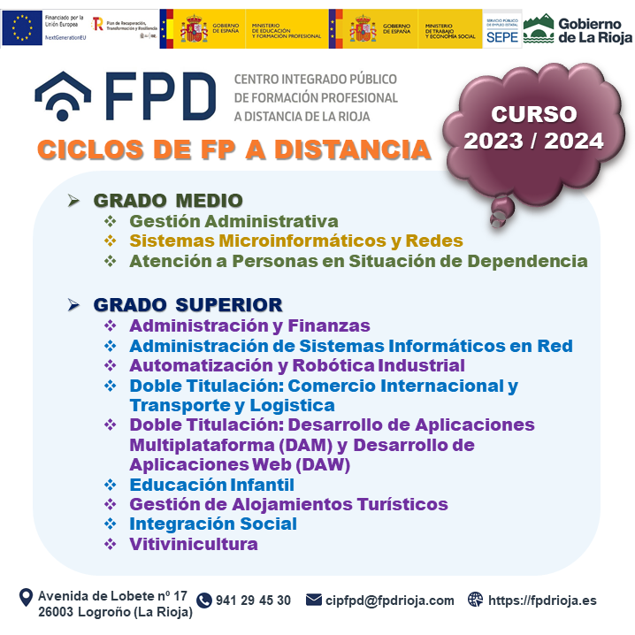 cipfpd_rioja's tweet photo. Solicita tu preinscripción en los ciclos de FP a distancia. En dicha modalidad podrás elegir los módulos que deseas cursar en función de tus necesidades personales y disponibilidad.
Más información: https://t.co/pXSw4WhFel
#fp #todofp #fprioja #educación #empleo #rioja https://t.co/nEc9ynXneP