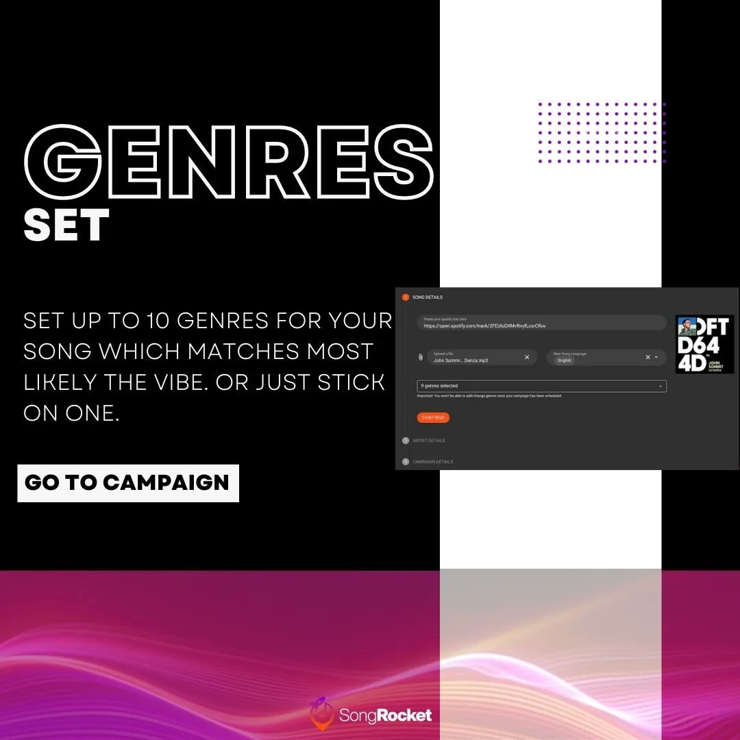 What genres matches your song most? 
You can choose up to 10 or stick on one, that's up to you. 
Or ask us for help.
For more visit songrocket.com
#musicmarketing #musicbusiness #music #playlistpitching 
#hiphop #stutterhouse #dance #lofi #pop #rnb