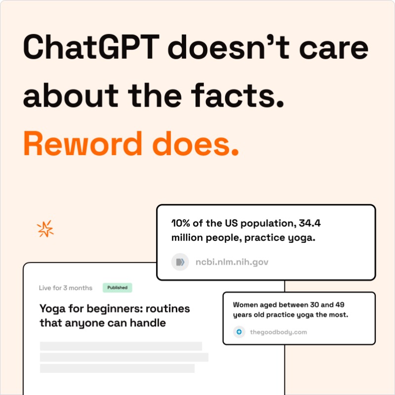 calconverts's tweet photo. ChatGPT is a liar.

For article writers, this is a huge problem.

So I built Reword, an article editor that has fact-checking and citations built in.

We did what ChatGPT couldn't.

Don't believe me? Try it for free...