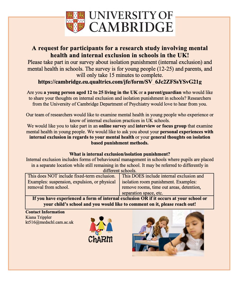 CYPMentalHealth's tweet photo. 📢Call for participants to take part in a research study about mental health and internal exclusion in the UK📢 The study involves an online survey and interview where you can share your thoughts on internal exclusion. If interested please email Kiana at kt516@medschl.cam.ac.uk. https://t.co/mQkfTuGGg2