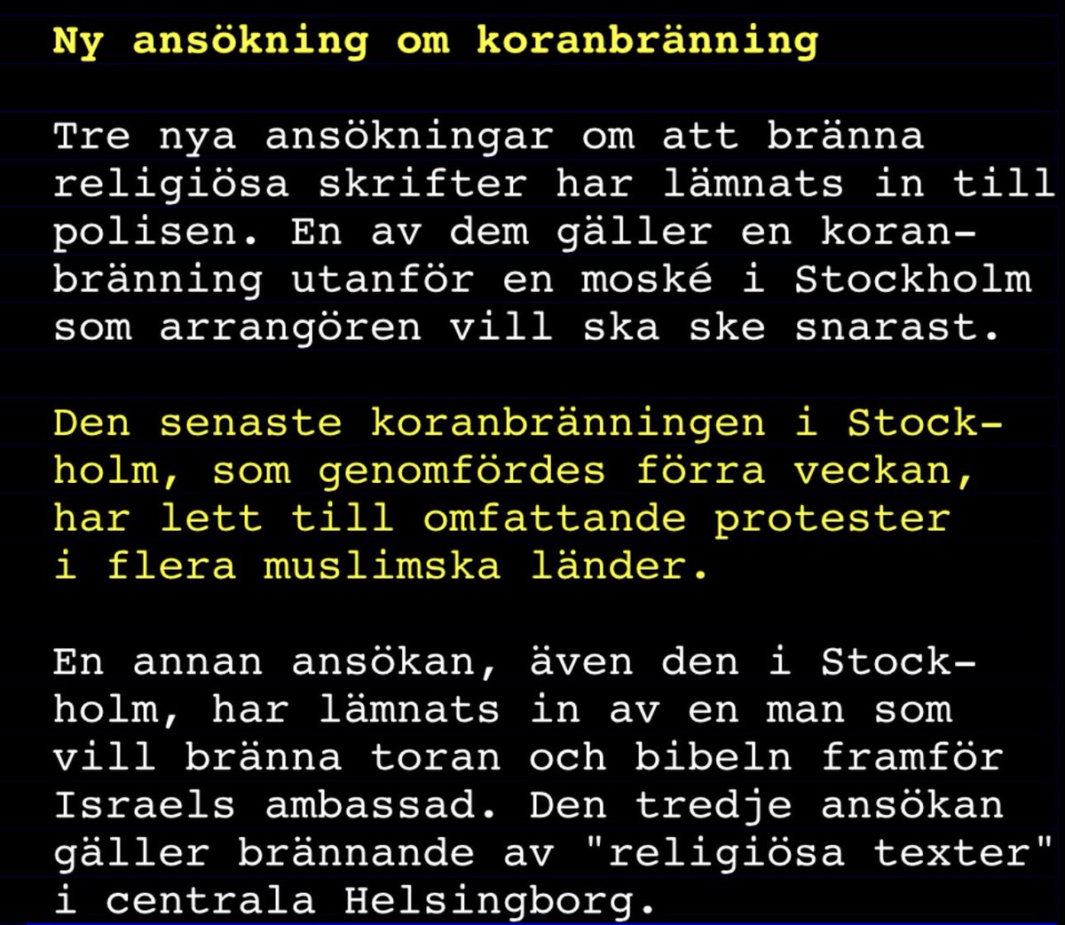 Får se hur ”kul” det är med koranbränningar när svenskar börjar utsättas för attentat. Lek med 🔥 är vad detta är. Förstår personligen inte varför det är viktigt att pissa på någon annans religion…