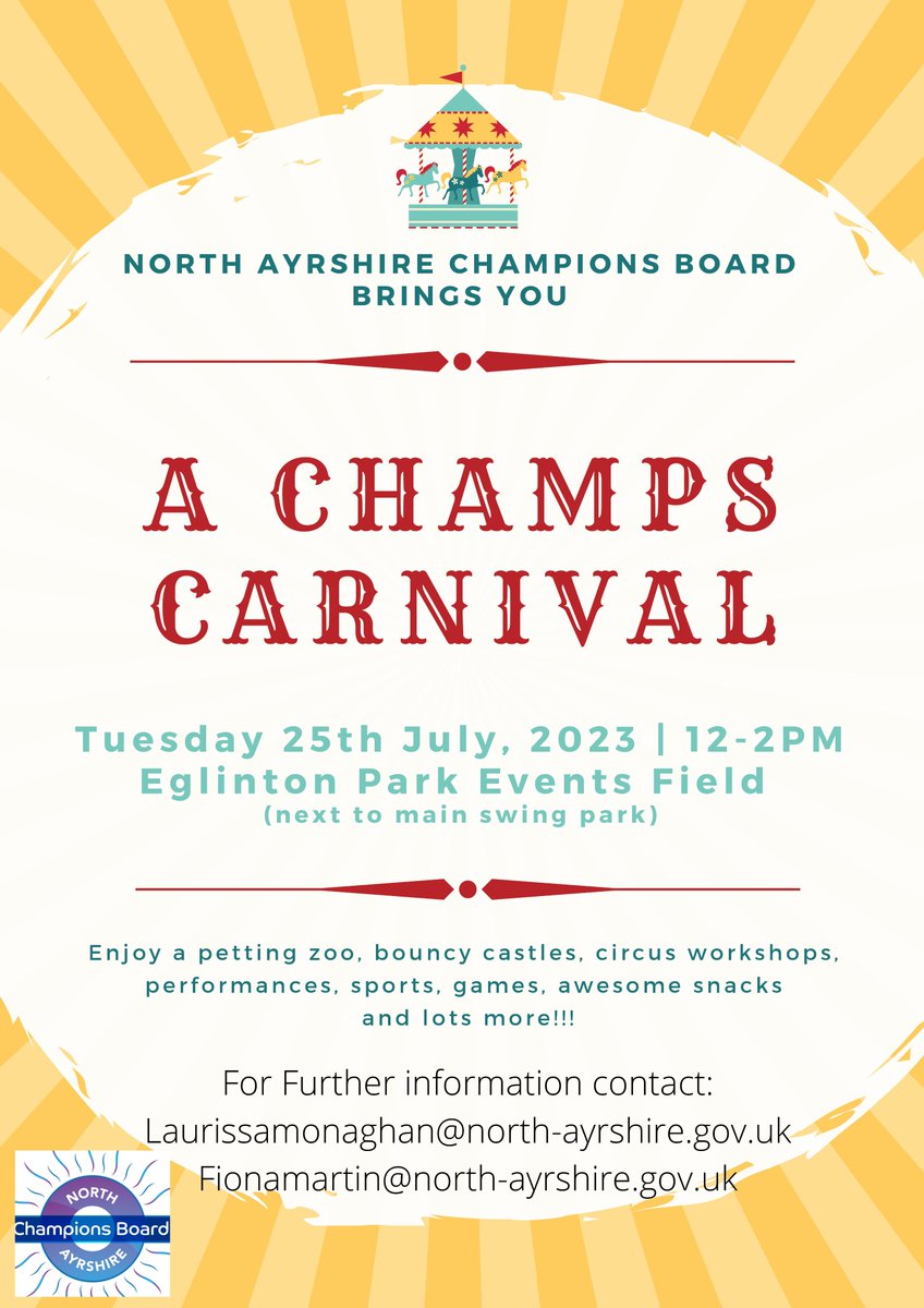 OneVoiceNA's tweet photo. North Ayrshire Champions Board brings you A Champs Carnival🎪🤡

Come along to Eglinton Park on Tuesday 25th July and enjoy some fun summer activities along with a petting zoo, bouncy castle, circus skills workshop, sports and more! 

Sign up 👇
https://t.co/QsrX2ktMHI https://t.co/5CPsOdY8xe