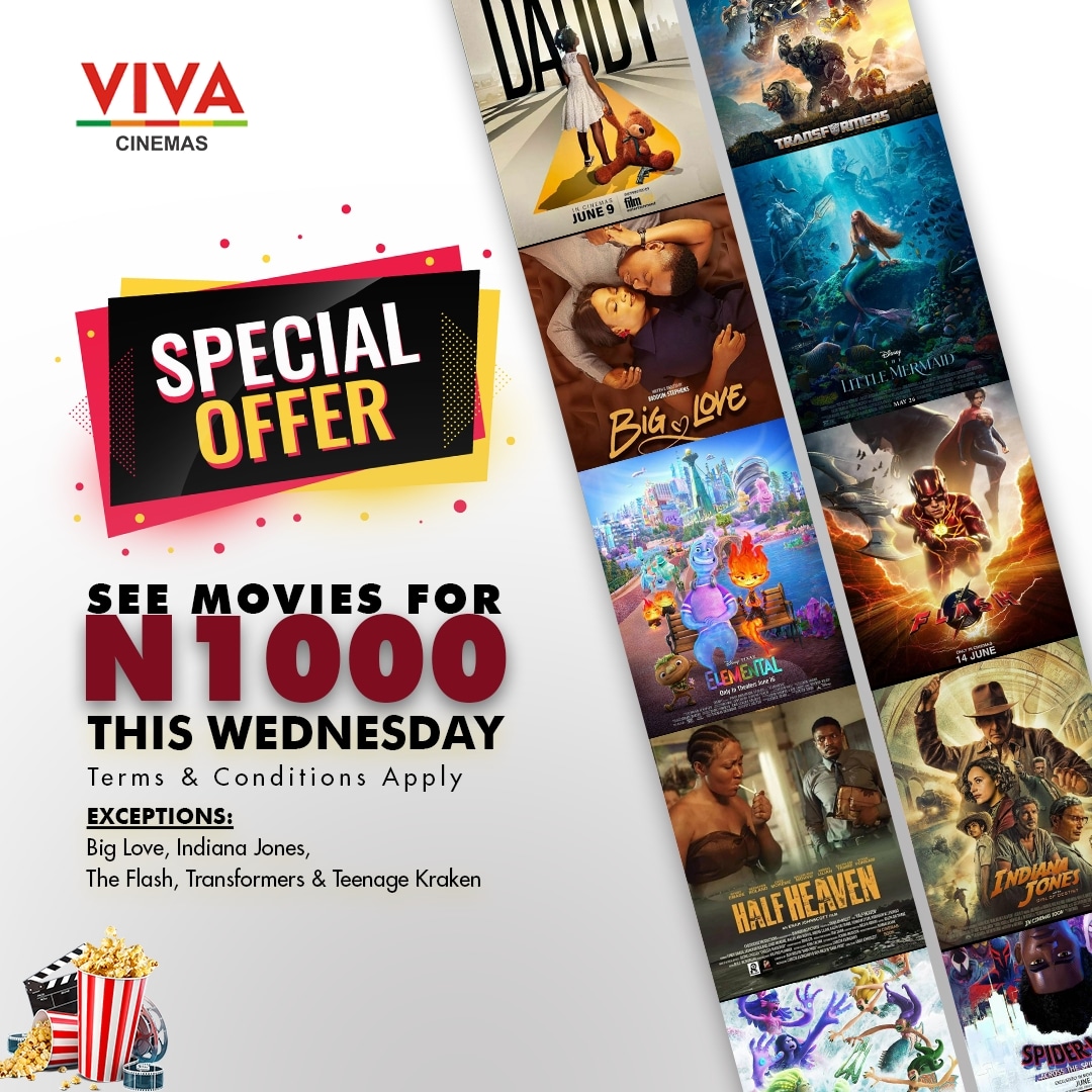 Enjoy the ultimate cinematic adventure today for only N1000 at Vivacinemas all across the country 🍿🎬 Watch the newest movies at a discounted rate today. Specific exclusions can be found on the flyer. #Vivacinemas #Vivaexperience #movie #discount #VivaWednesday