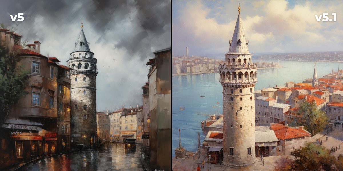 MidJourney yapay zekasının bir yıllık gelişimi... Promt olarak sadece "Galata Tower, Oil Painting" verdim ve farklı sürümlerine göre çıkan sonuçlar aşağıdaki gibi.