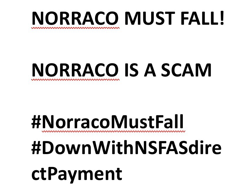 #NorracoMustFall
#NorracoSCAM
#DownWithNSFASdirectPayment

NSFAS beneficiaries are in deep crisis by this Norraco scam that is being enforced by <a href="/DrBladeNzimande/">Prof Blade Nzimande</a> and SAUS. This system is here to milk and scam student allowances. If you agree retweet and like.
