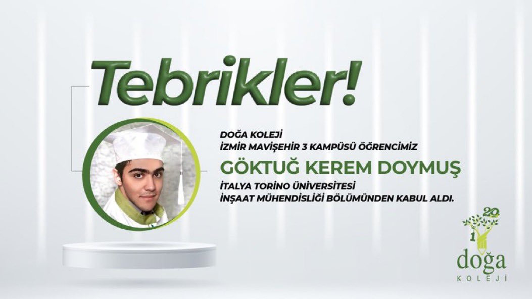 Öğrencimiz Göktuğ Kerem Doymuş, önemli bir başarıya imza atarak bizleri gururlandırdı. İtalya Torino Üniversitesi İnşaat Mühendisliği Bölümünden kabul alan öğrencimizi tebrik eder, başarılarının devamını dileriz. 
<a href="/zzaferulusoy/">Zafer Ulusoy</a> <a href="/Glrbci/">Gül Arabaci</a>