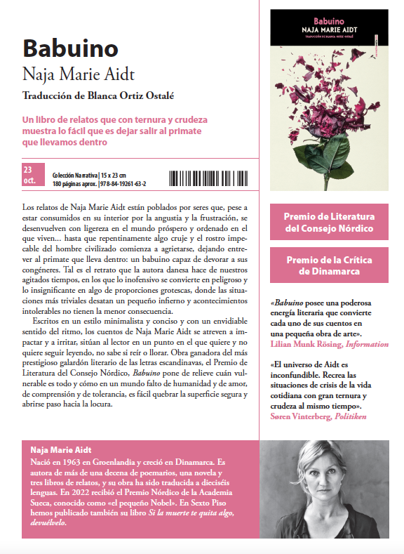 El 23 de octubre le tocará el turno al impactante libro de relatos #Babuino de #NajaMarieAidt quien en 2022 recibió el Premio Nórdico de la Academia Sueca, conocido como «el pequeño Nobel».