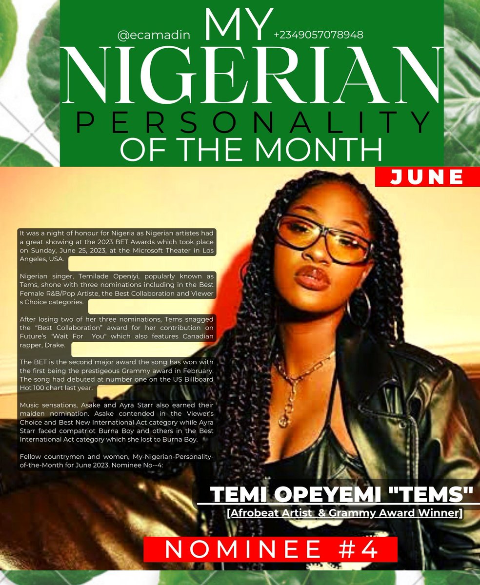 ecamadin's tweet photo. 🇳🇬🎶 Nigerian artists shined bright at the 23rd 2023 BET Awards!🏆🌟 Tems (@temsbaby) won "Best Collaboration" for "Wait For You" ft. Drake &amp; Future, adding to her Grammy win of February. 
#afrobeat #BetAwards2023 #NaijaNews #mynigerianpersonalityofthemonth https://t.co/owTqHHzbNR