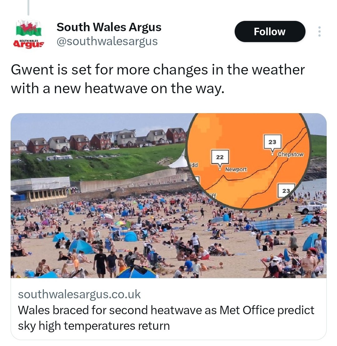 statsjamie's tweet photo. 🌞 | Met Office predict heatwave with temperatures up in July.

🔶 The Met Office has forecast hot and humid weather from July 7 with temperatures set to rise to 23C across South Wales.

❓ When did 23C ever constitute a heatwave? https://t.co/z1R187kYOE