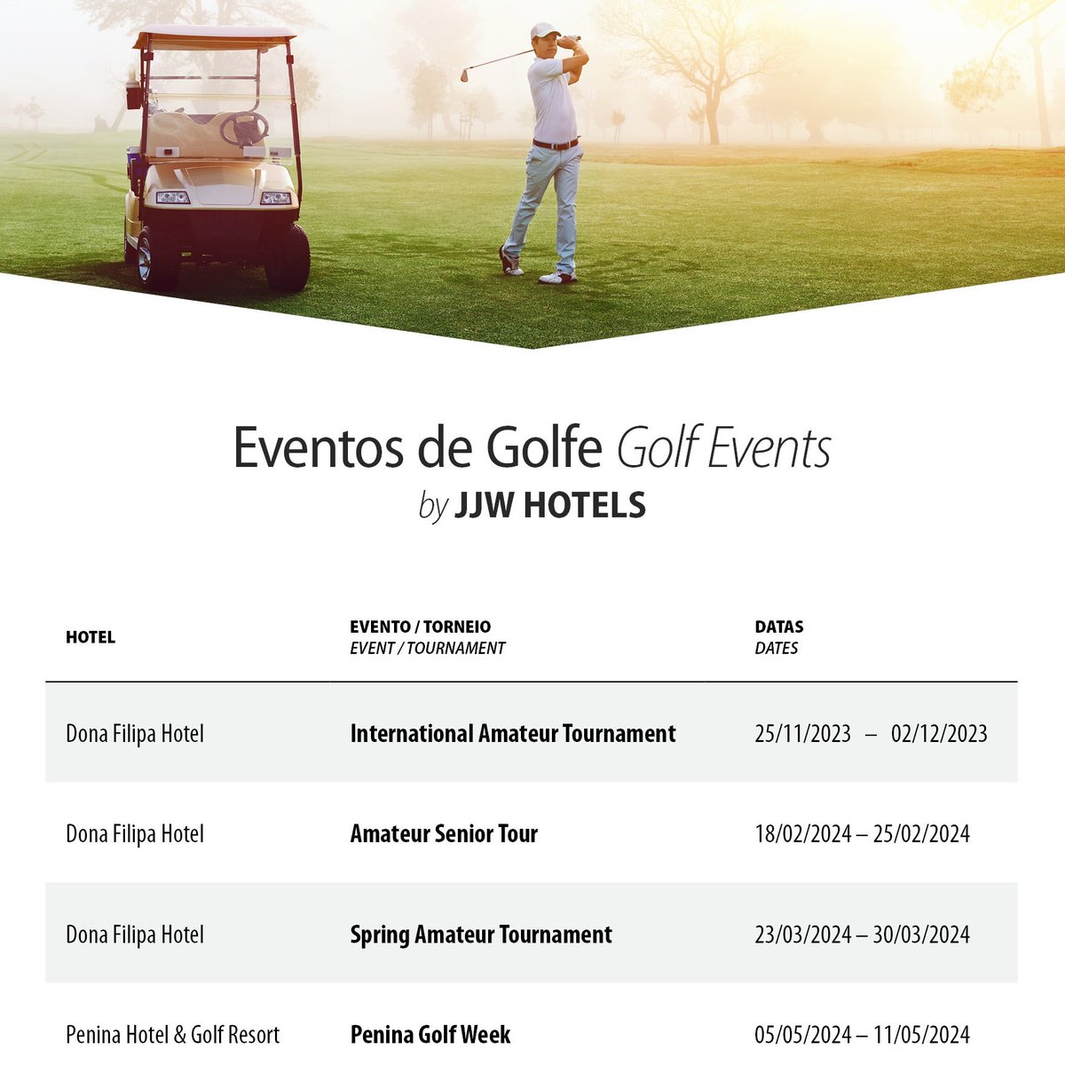 New dates &amp; Tournaments out now!

Check our updated golf events calendar:
jjwhotels.com/jjw-golf-tourn…

#donafilipahotel #Algarve #jjwhotels #visitalgarve #Portugal #golf #golfatjjw #golfalgarve