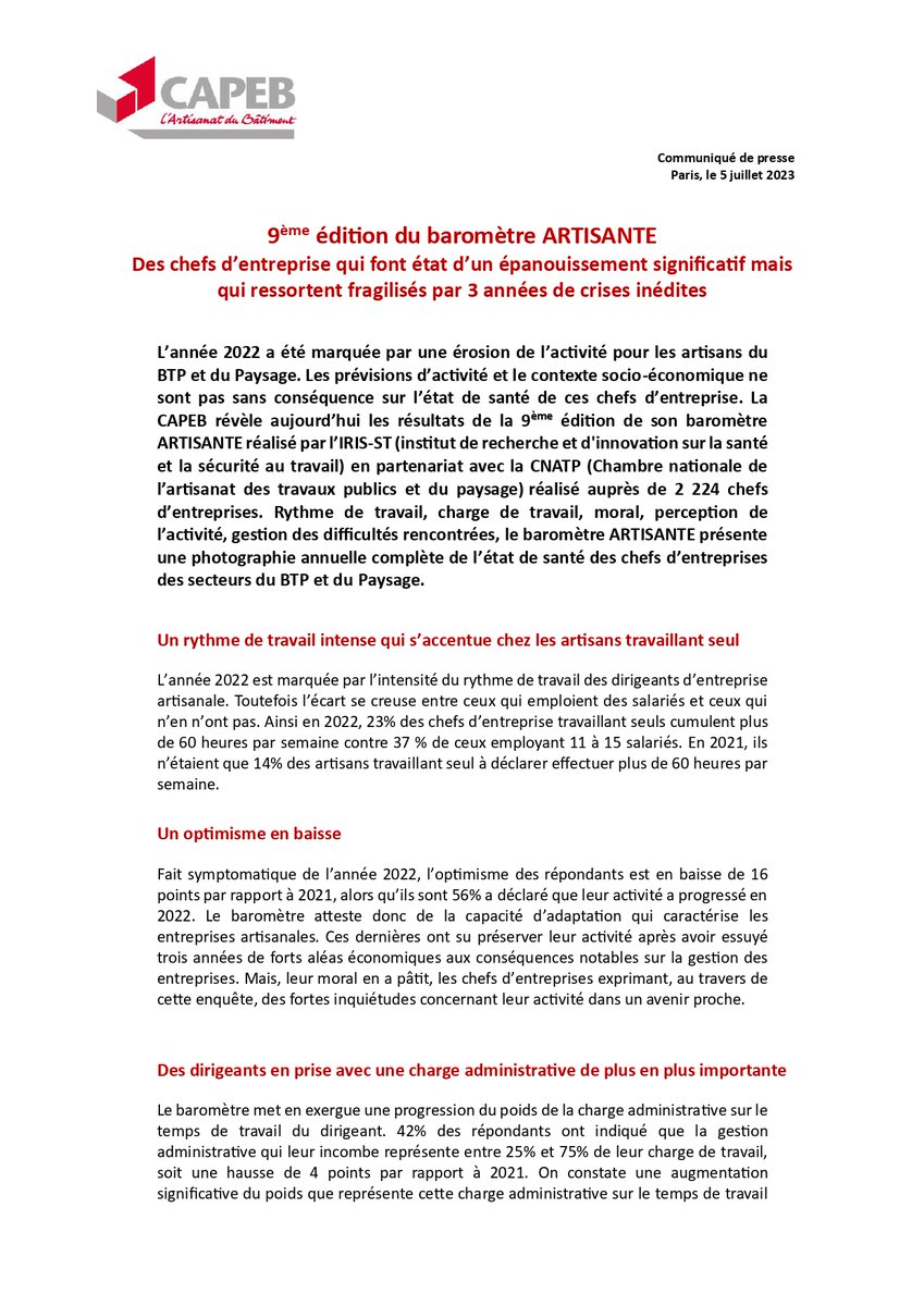 capeb_fr's tweet photo. Communiqué de presse📄9ème édition du baromètre ARTISANTE #CAPEB - IRIS-ST - @CNATPnationale : des chefs d’#entreprise qui font état d’un épanouissement significatif mais qui ressortent fragilisés par 3 années de crises inédites.
👉 https://t.co/rv0SG3YSvy https://t.co/lchQEaK1Rc