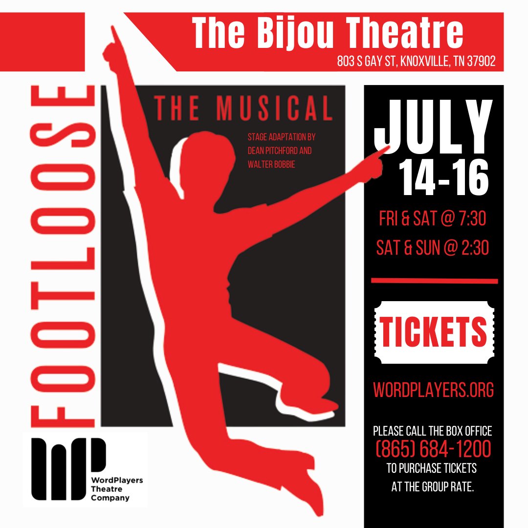 wordplayers's tweet photo. You gotta cut loose! Footloose! July 14-16 at the BIJOU @bijoutheatre  #wordplayersknoxville @visitknoxville @downtownknox @KnoxvilleBuzz https://t.co/s4LdIaDEyj