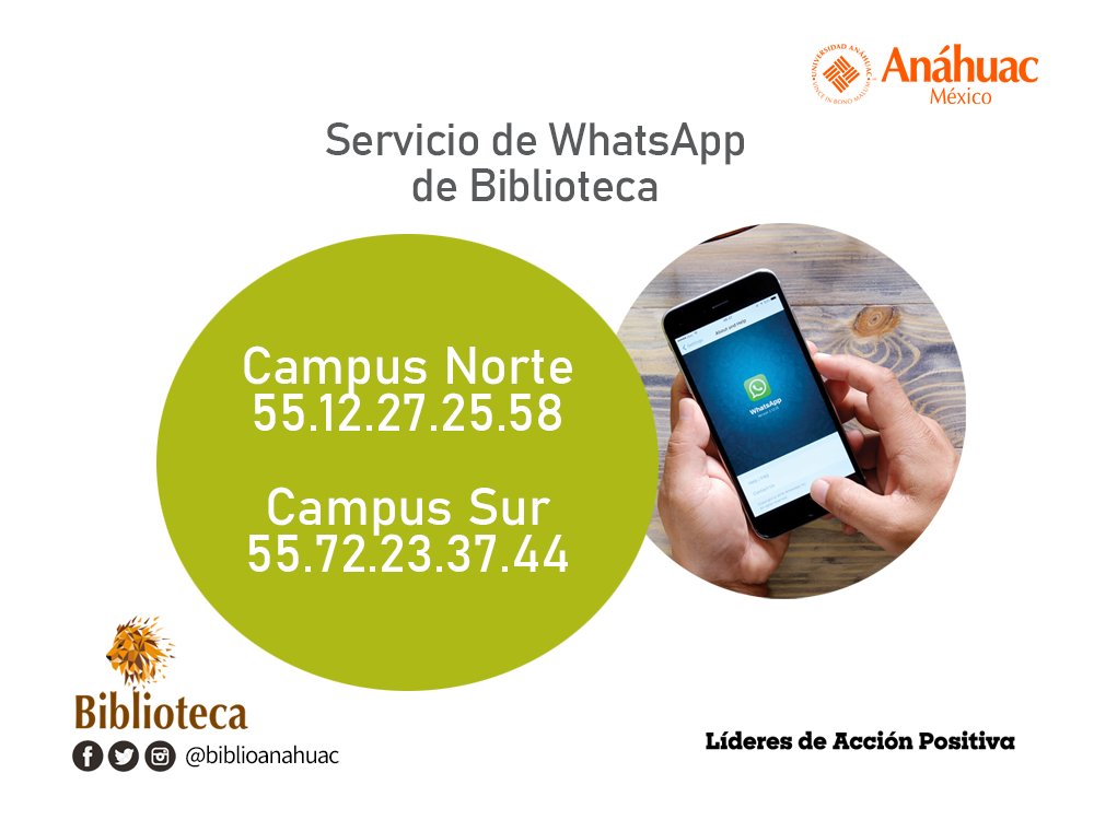 Biblioanahuac's tweet photo. #EnVerano Contáctanos vía #WhatsApp y solicita información sobre biblioteca 📲 https://t.co/aB9NE9p70r
@FDerechoAnahuac @AbogadosAnahuac @anahuacdesign @Diseno_Anahuac @Anahuac_FCS @NegociosAnahuac @GasTurAnahuacMx @psicologia_an @EduAnahuac @AnahuacCOM @RsdsLic @ArtesAnahuac https://t.co/esELYQQrAV