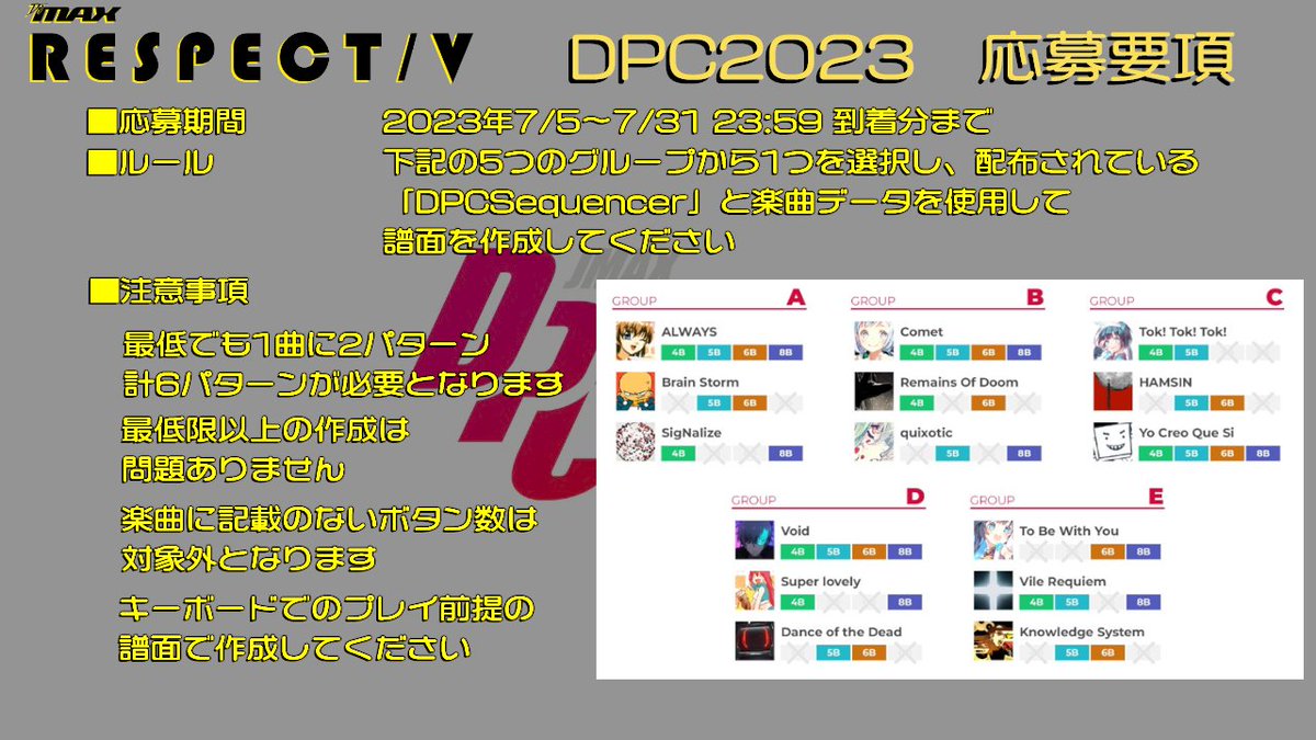TXR_miyabin's tweet image. 【譜面作成コンテスト：DPC2023】
「DPC2023」の要項を翻訳したものとなります。
応募期間は7/31 23:59まで！
最低6譜面の作成が必要となりますが、選考されればゲーム内で自分の譜面が遊べるチャンス！
ワールドワイドで募集しておりますので奮ってご参加ください！
#DJMAX　#RESPECT_V　#DPC2023