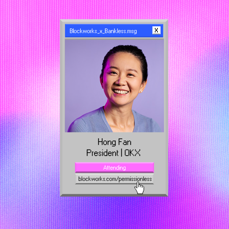 Blockworks's tweet photo. .@okx is leading crypto tech adoption on the global stage 🌎

Hear from their President @hfangca, CMO @Haider &amp; CIO @jasonklau at Permissionless II.

🎟 https://t.co/KY9LYs5SIx