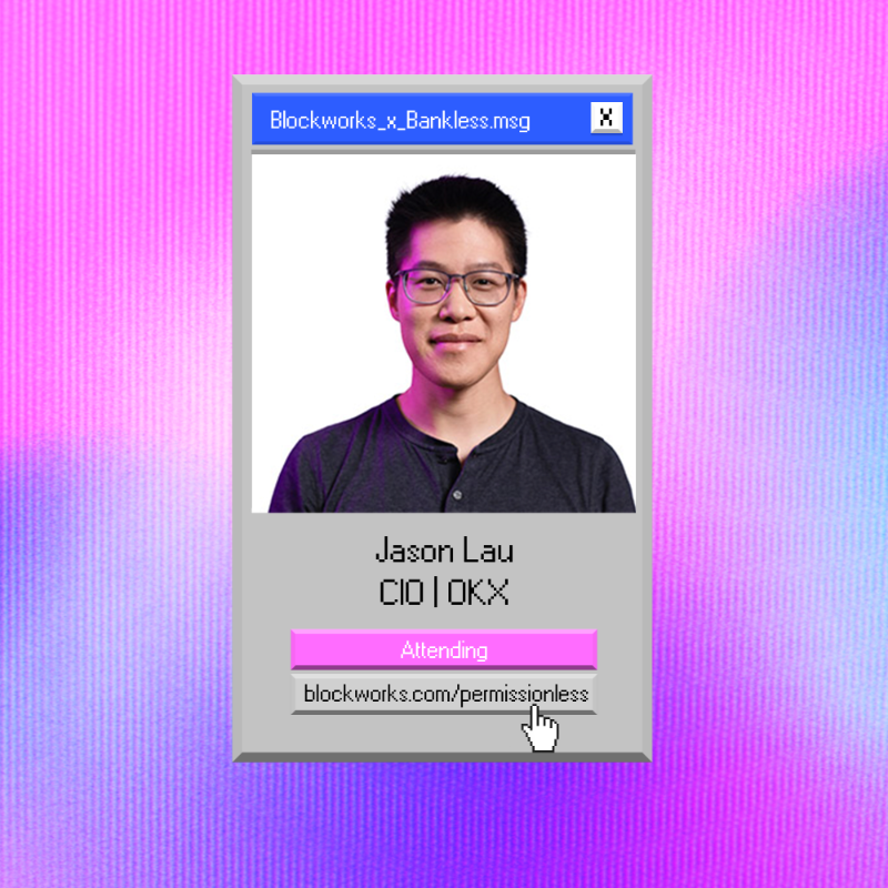 Blockworks's tweet photo. .@okx is leading crypto tech adoption on the global stage 🌎

Hear from their President @hfangca, CMO @Haider &amp; CIO @jasonklau at Permissionless II.

🎟 https://t.co/KY9LYs5SIx