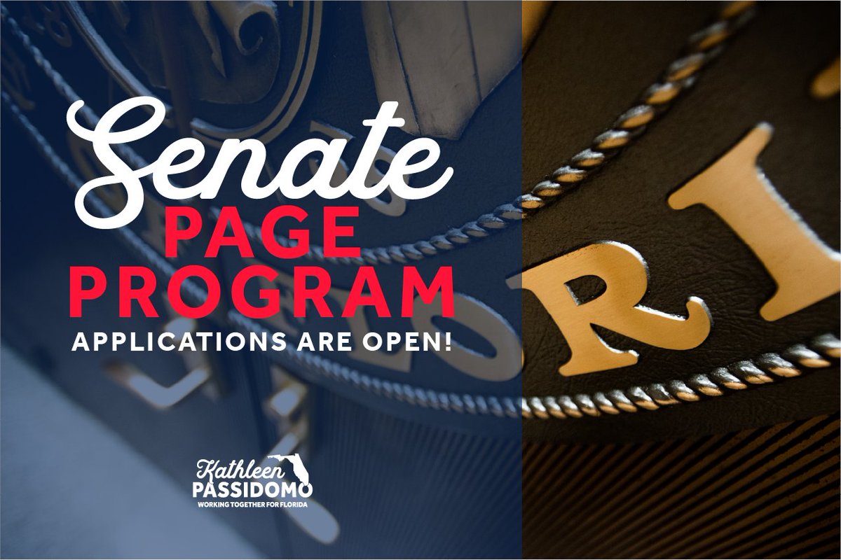Florida Senate Page applications are open to high school students for the 2024 Legislative session! Students will receive first-hand experience learning about Florida’s legislative process. For more information and how to apply, visit >> senatepages.flsenate.gov/#about