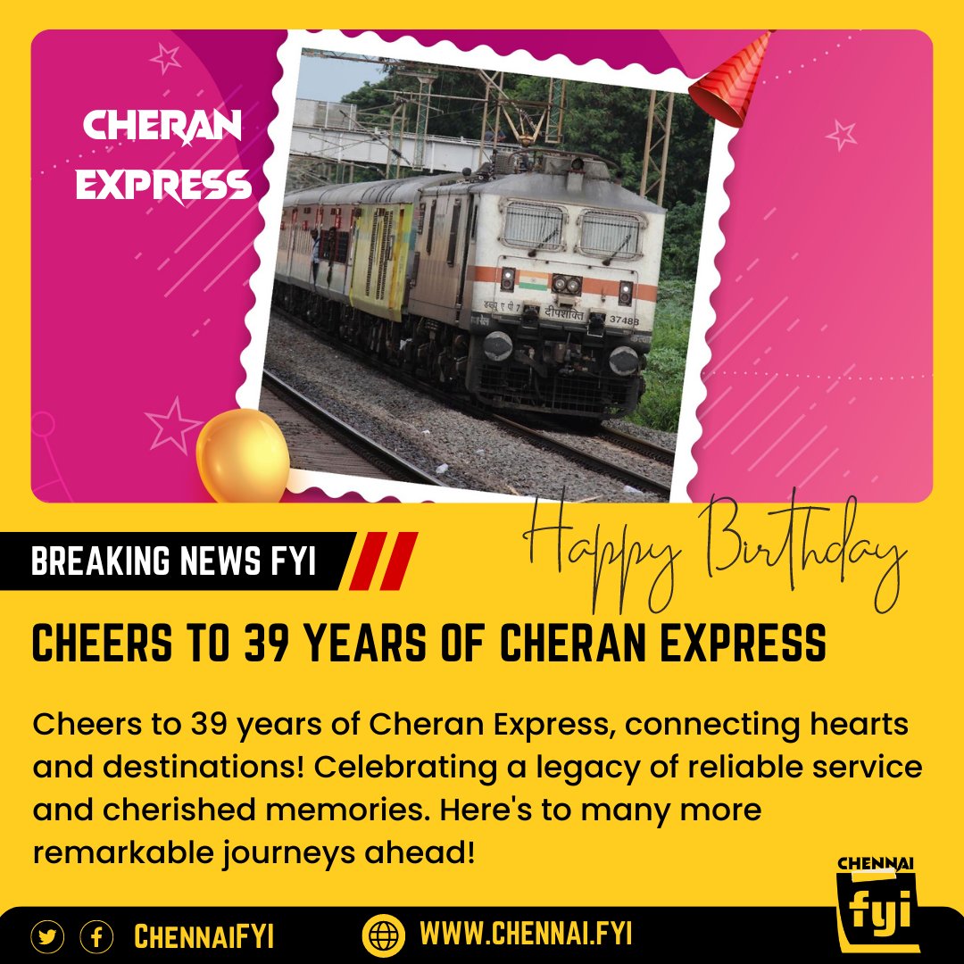 ChennaiFYI's tweet photo. Cheers to 39 years of Cheran Express, connecting hearts and destinations! 🎉🚆 Celebrating a legacy of reliable service and cherished memories. Here's to many more remarkable journeys ahead!
#CheranExpress #Cheran #Chennai #Coimbatore #CBE #MAA #Madras #Railways #Train #TamilNadu https://t.co/hJLHApxaDX