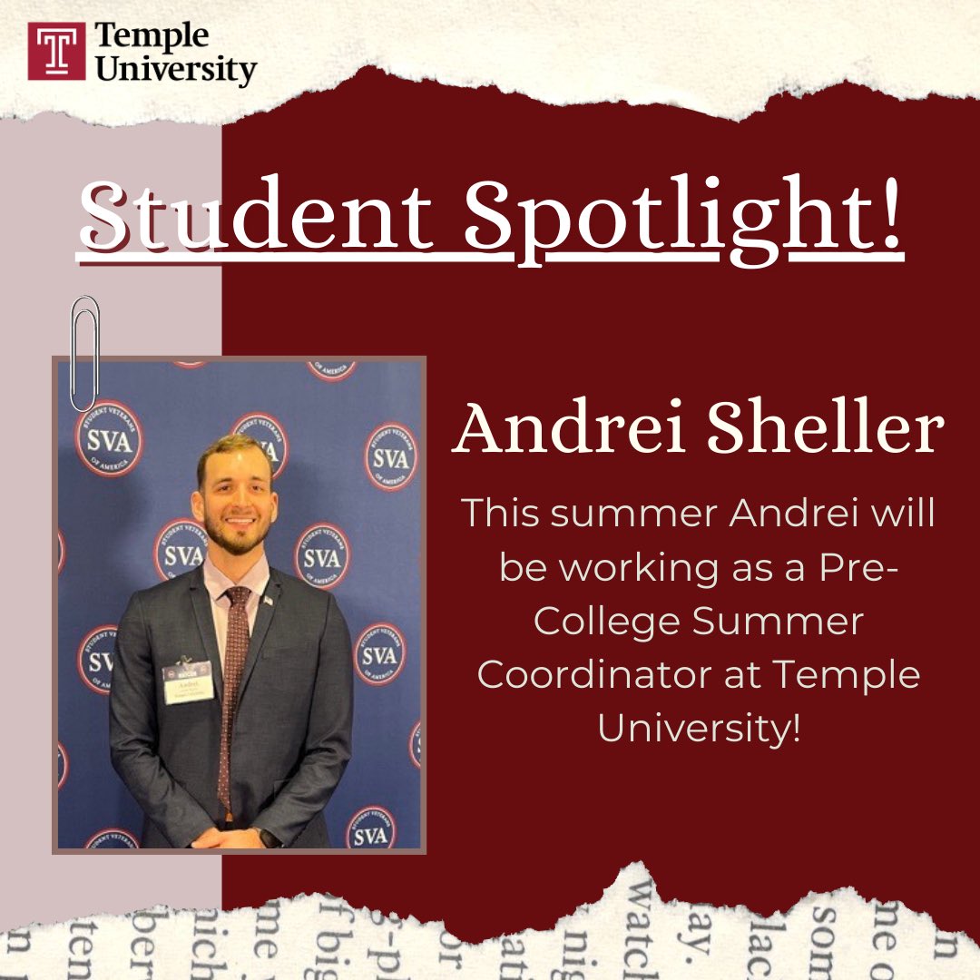 TempleUnivMVSC's tweet image. It's time for another #StudentSpotlight🌟! Temple student Andrei Sheller is spending his summer working as a Pre-College Summer Coordinator at Temple University!🦉🍒
#cherryon #owlseverywhere #templeuniversity #explore #summer