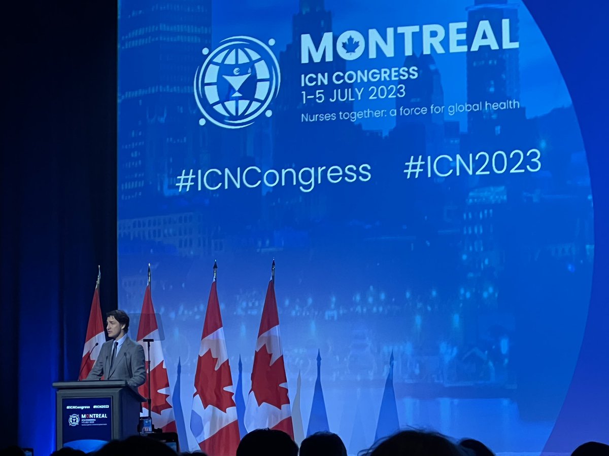 The Canadian Prime Minister speaking at #ICNCongress #ICN2023 - “we need better work environments for better patient care” - nurses know this all too well - let’s shift up and redesign the workplace to improve.  New funding for a National Nurse Data Base &amp; Faster regulation soon