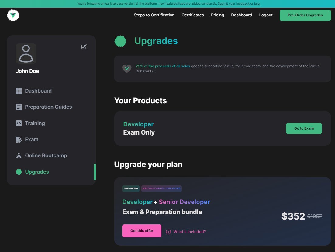 CertificatesDev's tweet image. Need that extra training or fancy adding the Level 2 exam?
Upgrade now and save 55%! Only pay the difference between your old package and the package you want to upgrade to.
View upgrade options at certification.vuejs.org/dashboard/upgr…
#vuejs #vuejscertification