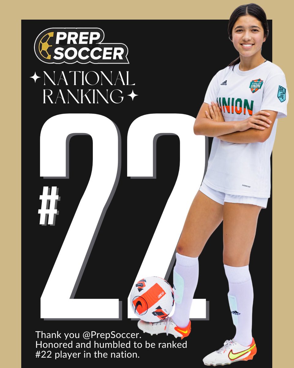 🤩 Thank you <a href="/PrepSoccer/">Prep Soccer ⚽️</a> Honored to be ranked #22 in the nation.  Grateful to my family, teammates, and coaches for this incredible honor.

<a href="/nikefootball/">Nike Football</a>  <a href="/ECNLgirls/">ECNL Girls</a> <a href="/unionecnl/">Union ECNL Girls Recruiting</a> @VaUnionFC <a href="/mcleansoccer/">McLean Youth Soccer</a> 
<a href="/ImYouthSoccer/">ECNL/GA/Recruiting/College Soccer</a> <a href="/ImCollegeSoccer/">College Soccer Truth ™</a> #ECNL #NikeFootball @SoccerGrlProbs