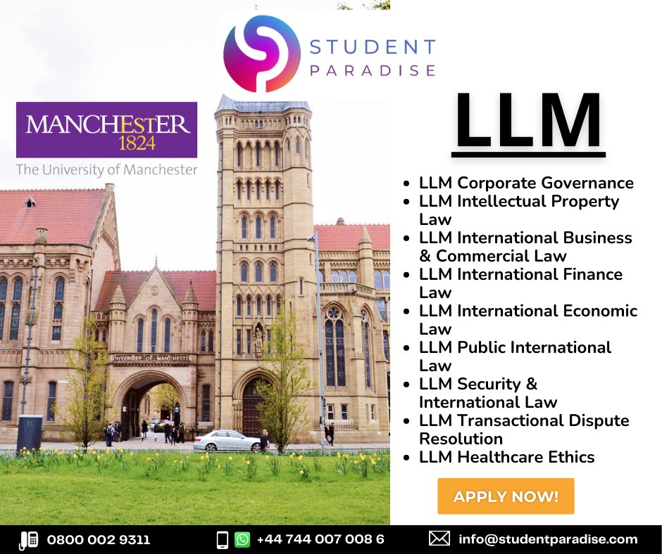 StudenParadise's tweet image. Explore specialized programs, renowned faculty, and a vibrant academic community. Trust us to guide you through the application process and open doors to your legal career. Apply to the University of Manchester through Student Paradise today! 
#StudyAtUoM #LLMPrograms