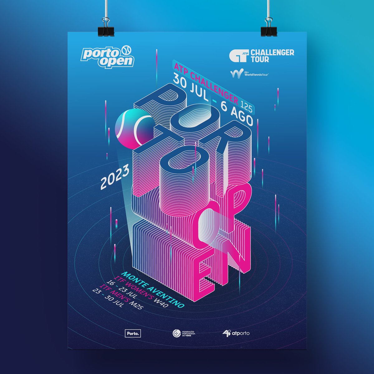 𝗣𝗼𝗿𝘁𝗼 𝗢𝗽𝗲𝗻 𝟮𝟬𝟮𝟯 é a triplicar: três semanas, três provas. 💥

➡️ ATP Challenger 125
➡️ ITF Women’s W40 – 𝗟𝗲𝘃𝗲𝗹 𝗨𝗽
➡️ ITF Men’s M25 – 𝗡𝗲𝘅𝘁 𝗚𝗲𝗻

De 16 de julho a 6 de agosto, segue a tua paixão pelo ténis até ao Monte Aventino.

portoopen.org