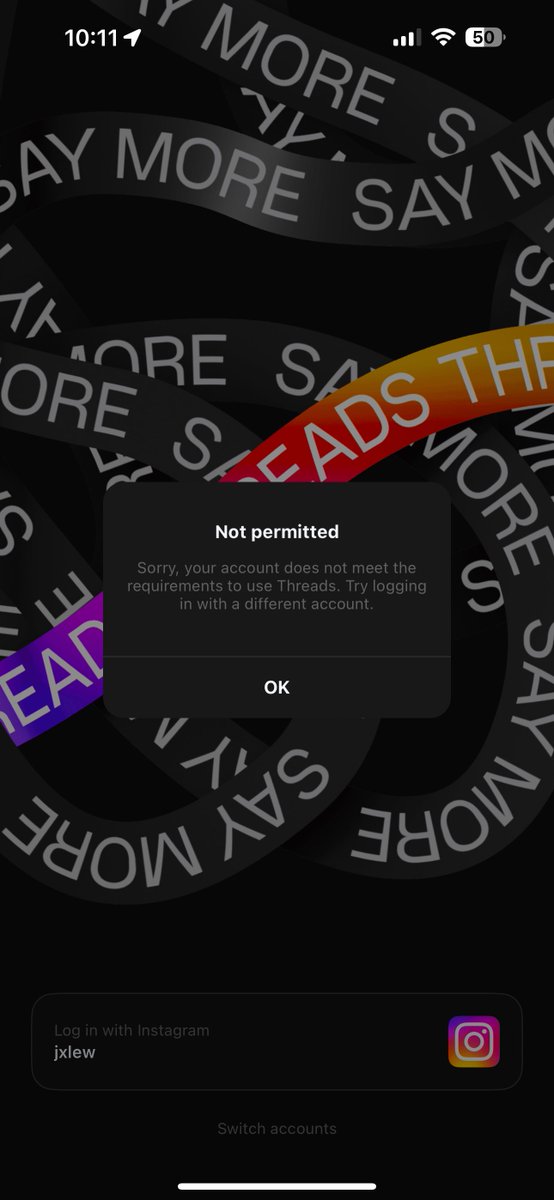 jxlew's tweet photo. account not permitted ?? threads be buggin before it’s even launched lol https://t.co/SHCIRy2kRL