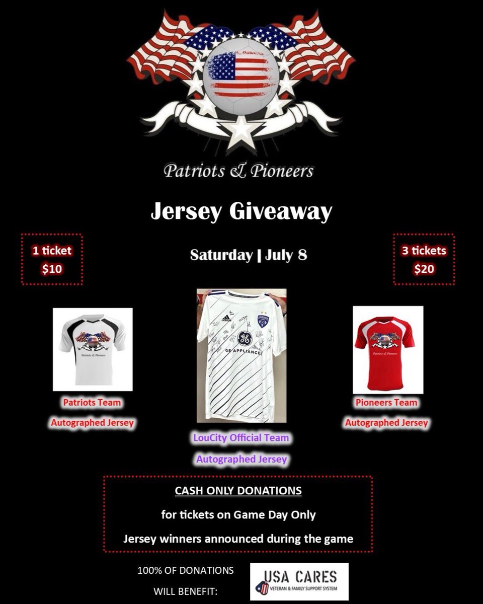 MamaStank's tweet photo. Don't miss the chance to win these one-of-a-kind jerseys!  Tickets are only available on July 8th.  We have two game jerseys signed by the players of the Patriots and Pioneers teams and an authentic LouCity jersey with autographs from all current players.  See you Saturday! ⚽️🇺🇸 https://t.co/ExTqirXIRO